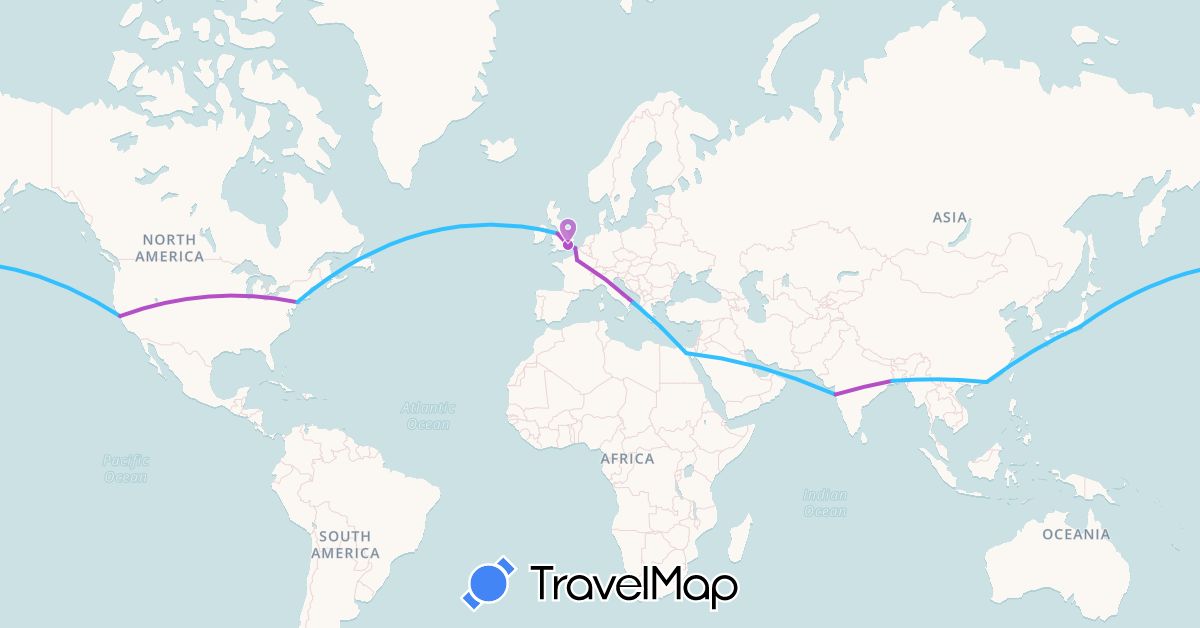 TravelMap itinerary: driving, train, boat in Egypt, France, United Kingdom, Hong Kong, India, Italy, Japan, United States (Africa, Asia, Europe, North America)